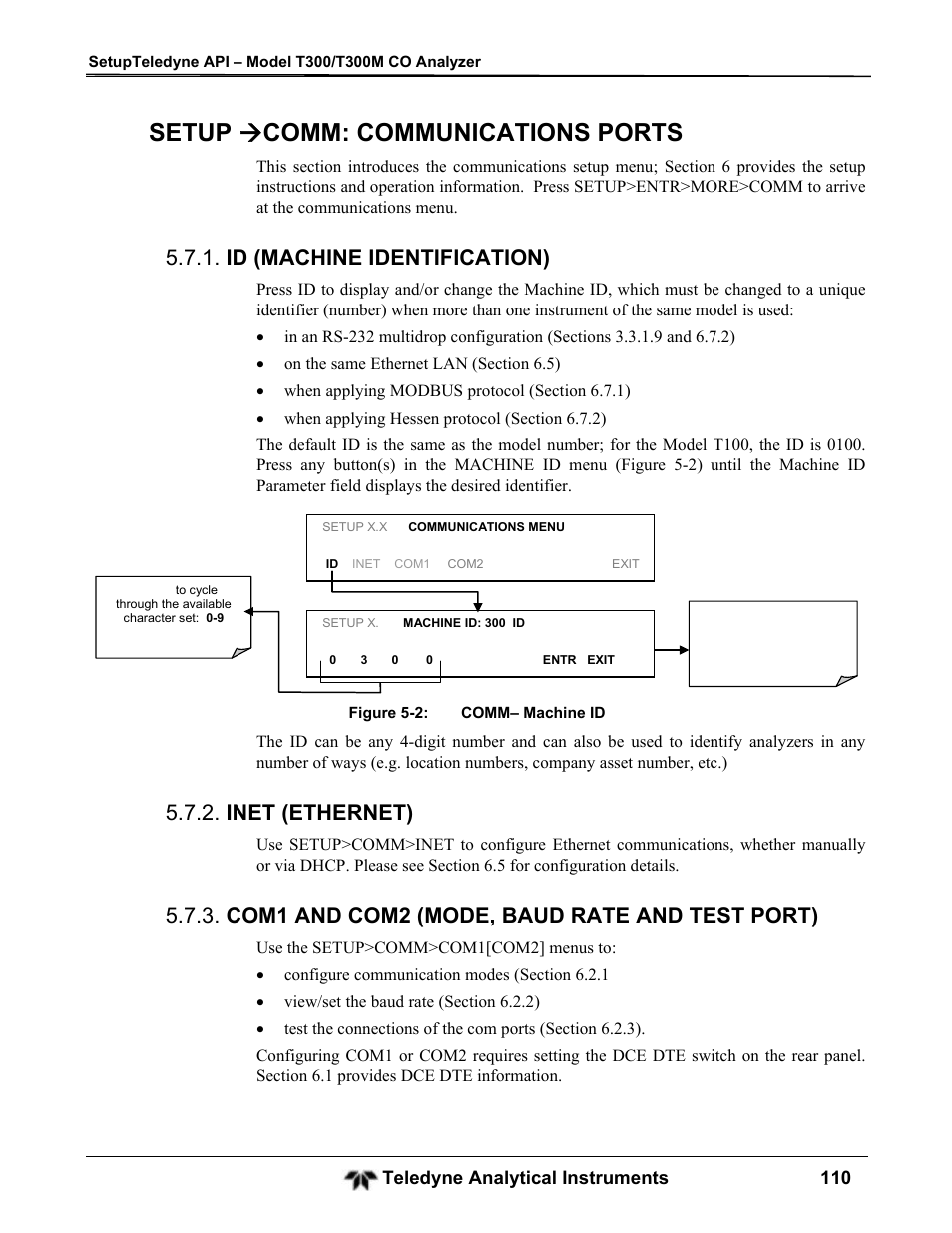 Setup  comm: communications ports, Id (machine identification), Inet (ethernet) | Com1 and com2 (mode, baud rate and test port), Teledyne analytical instruments 110 | Teledyne GFC-7001T - Trace CO Analyzer User Manual | Page 110 / 326