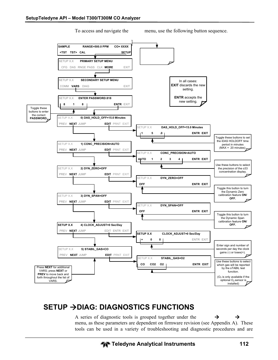 Setup  diag: diagnostics functions, Teledyne analytical instruments 112 | Teledyne GFC-7001T - Trace CO Analyzer User Manual | Page 112 / 326