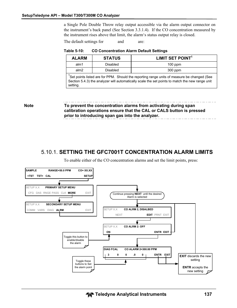 Setting the gfc7001t concentration alarm limits, Teledyne analytical instruments 137, Alarm status limit set point | Teledyne GFC-7001T - Trace CO Analyzer User Manual | Page 137 / 326
