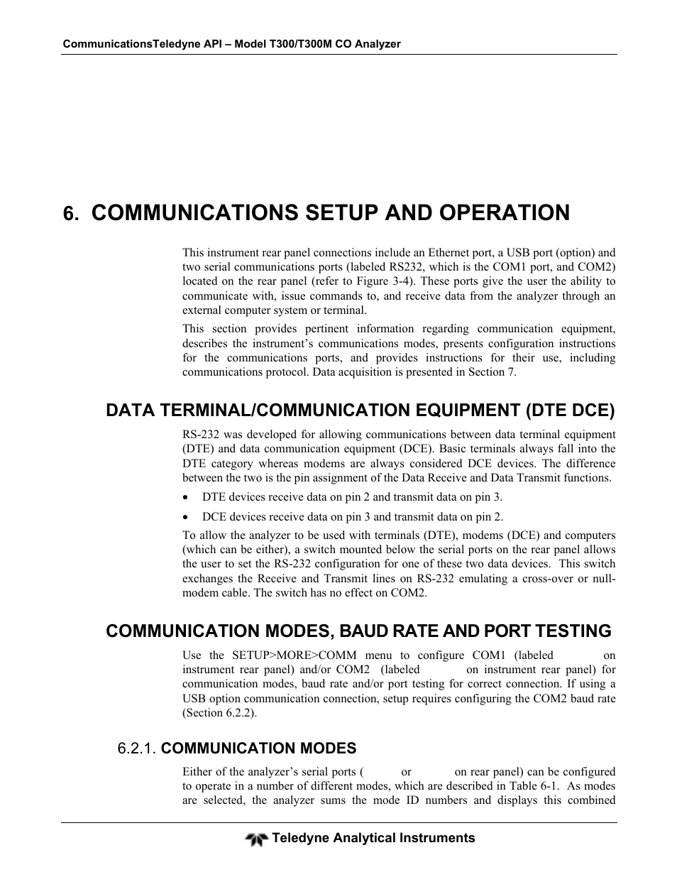 Communications setup and operation, Data terminal/communication equipment (dte dce), Communication modes, baud rate and port testing | Teledyne GFC-7001T - Trace CO Analyzer User Manual | Page 139 / 326
