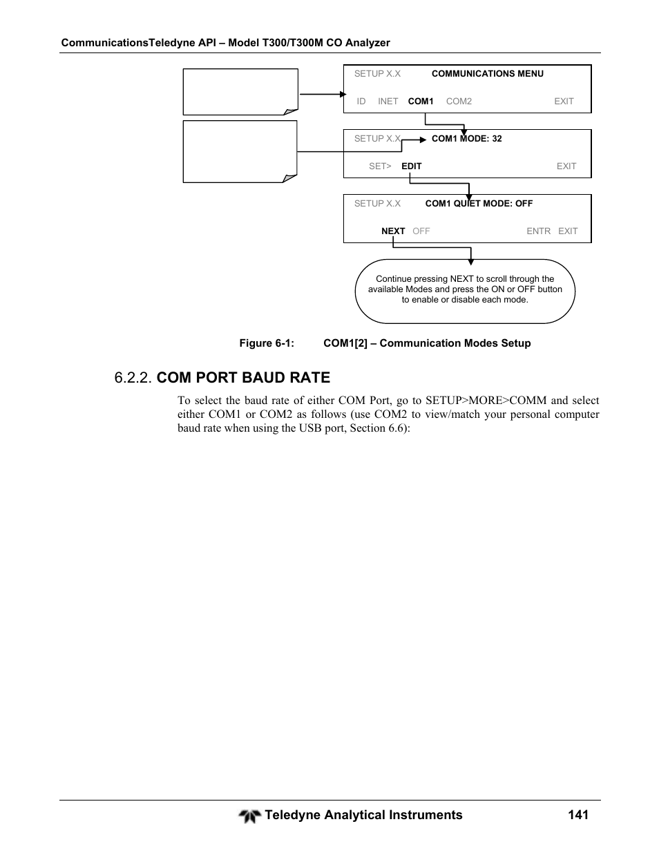 Com port baud rate, Teledyne analytical instruments 141 | Teledyne GFC-7001T - Trace CO Analyzer User Manual | Page 141 / 326