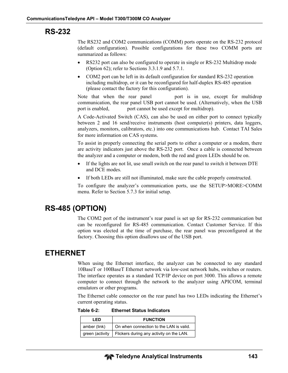 Rs-232, Rs-485 (option), Ethernet | Teledyne GFC-7001T - Trace CO Analyzer User Manual | Page 143 / 326