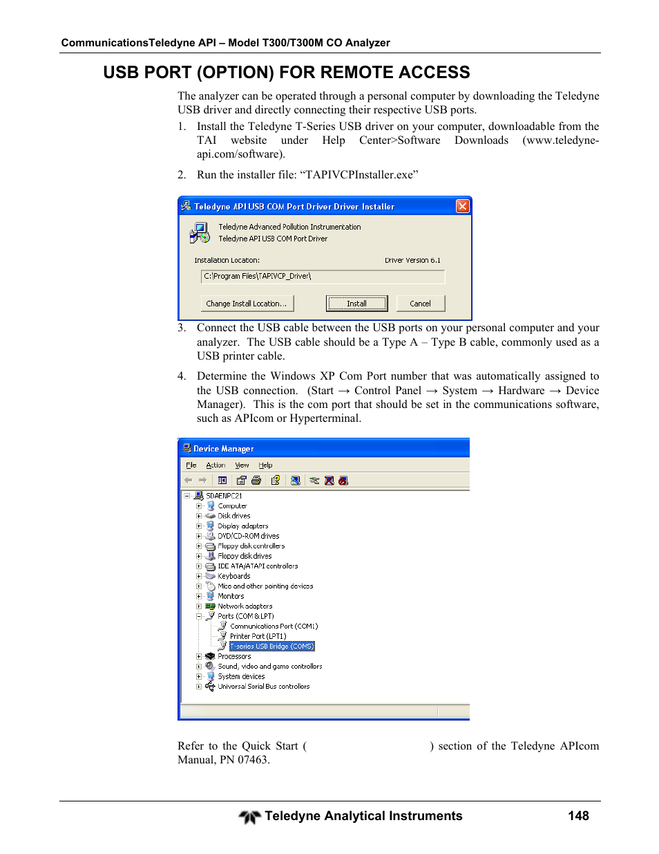 Usb port (option) for remote access | Teledyne GFC-7001T - Trace CO Analyzer User Manual | Page 148 / 326