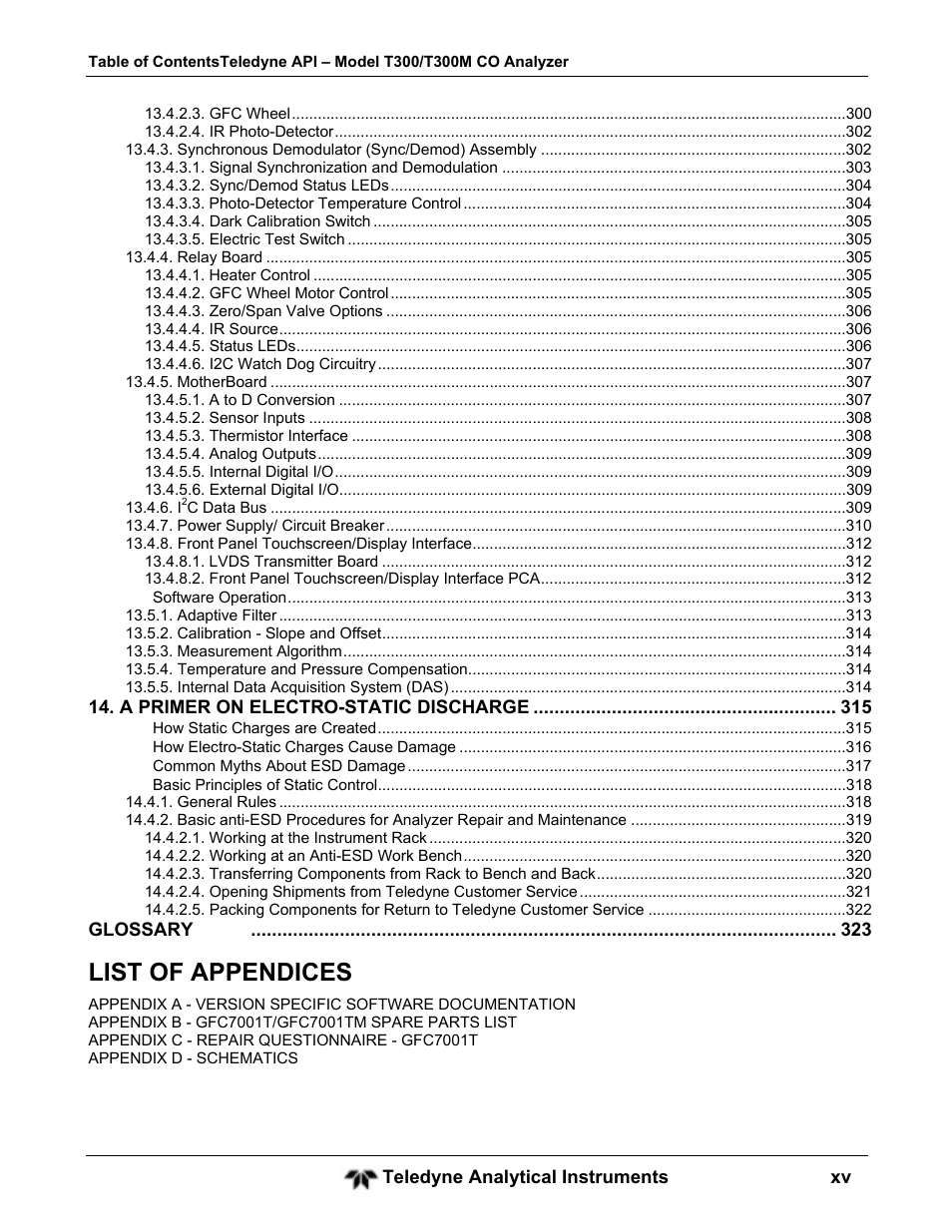 List of appendices | Teledyne GFC-7001T - Trace CO Analyzer User Manual | Page 15 / 326