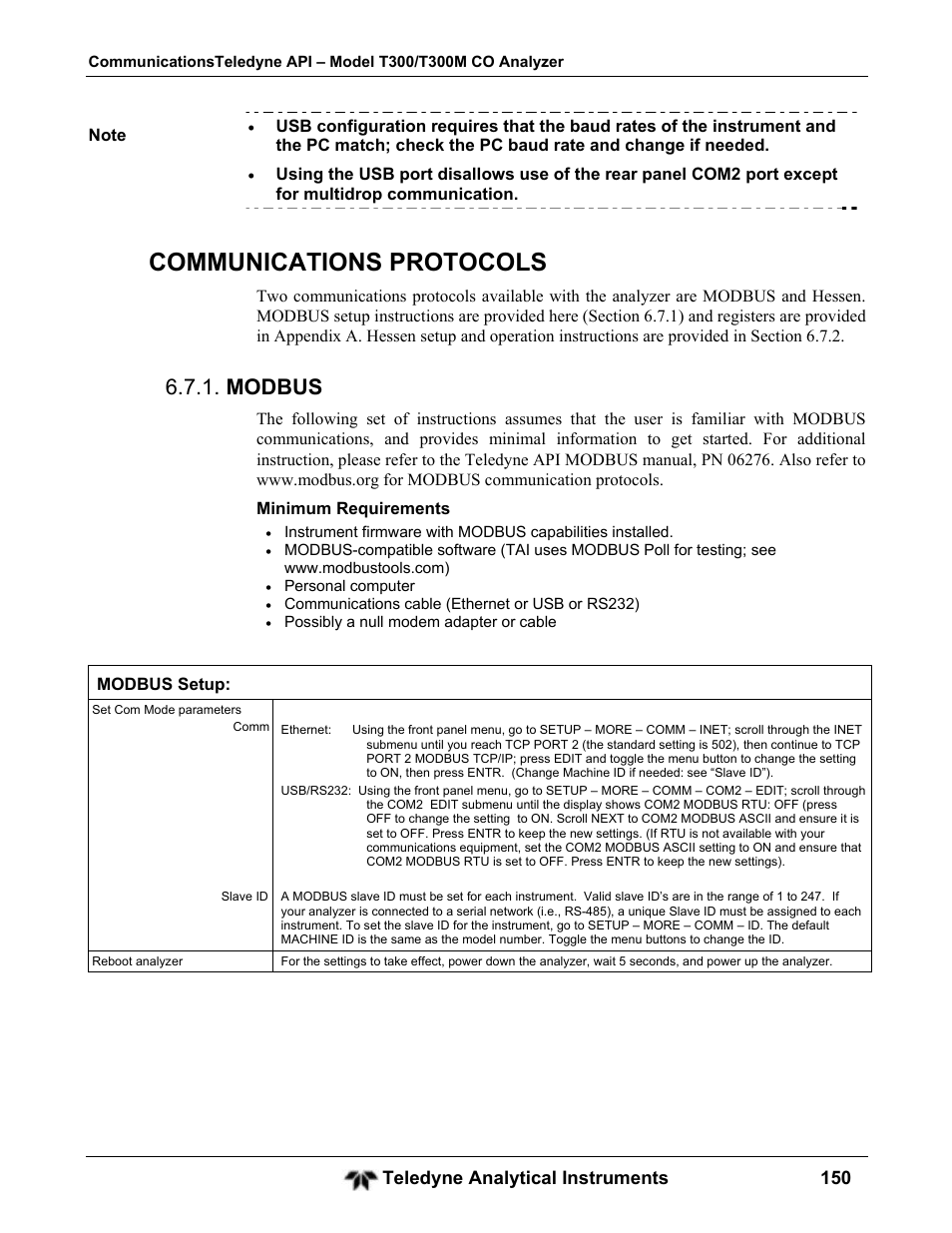 Communications protocols, Modbus | Teledyne GFC-7001T - Trace CO Analyzer User Manual | Page 150 / 326