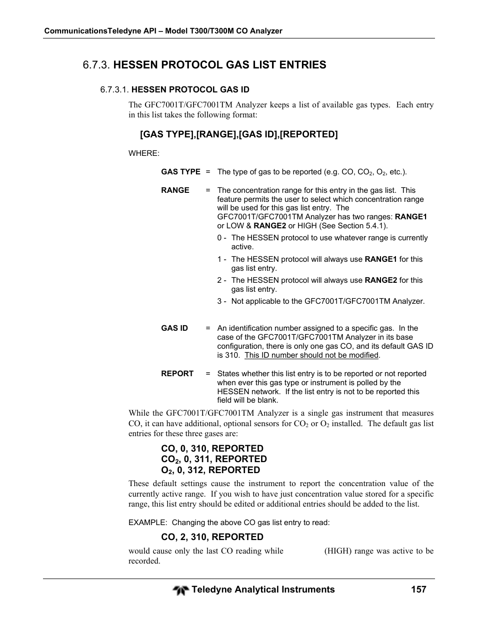 Hessen protocol gas list entries | Teledyne GFC-7001T - Trace CO Analyzer User Manual | Page 157 / 326