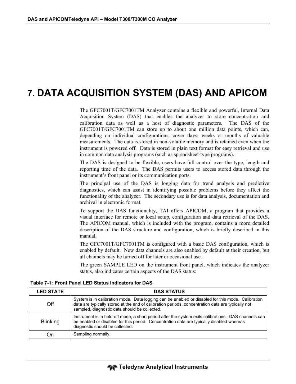 Data acquisition system (das) and apicom | Teledyne GFC-7001T - Trace CO Analyzer User Manual | Page 163 / 326