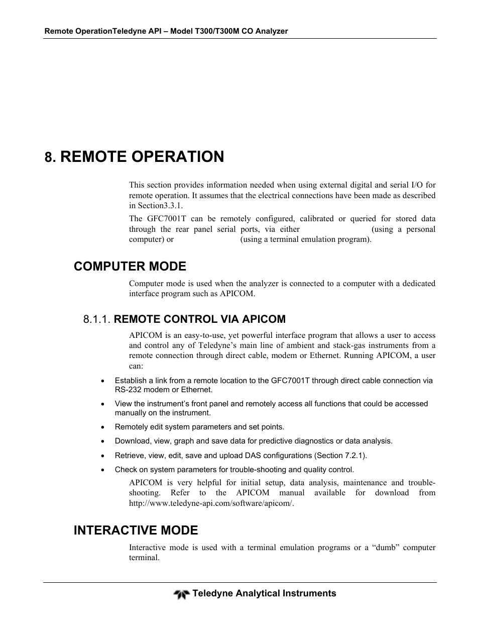 Remote operation, Computer mode, Interactive mode | Teledyne GFC-7001T - Trace CO Analyzer User Manual | Page 185 / 326