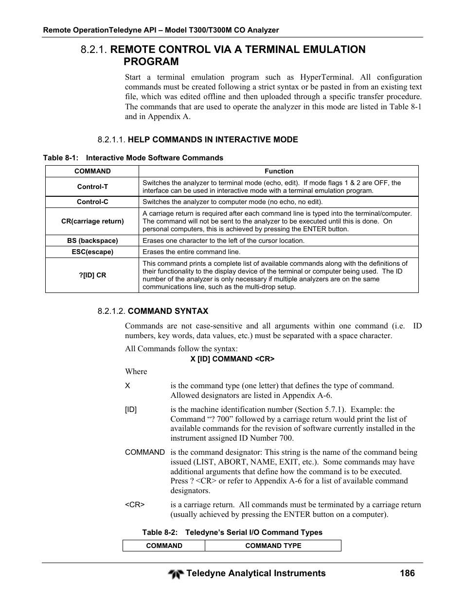 Remote control via a terminal emulation program | Teledyne GFC-7001T - Trace CO Analyzer User Manual | Page 186 / 326