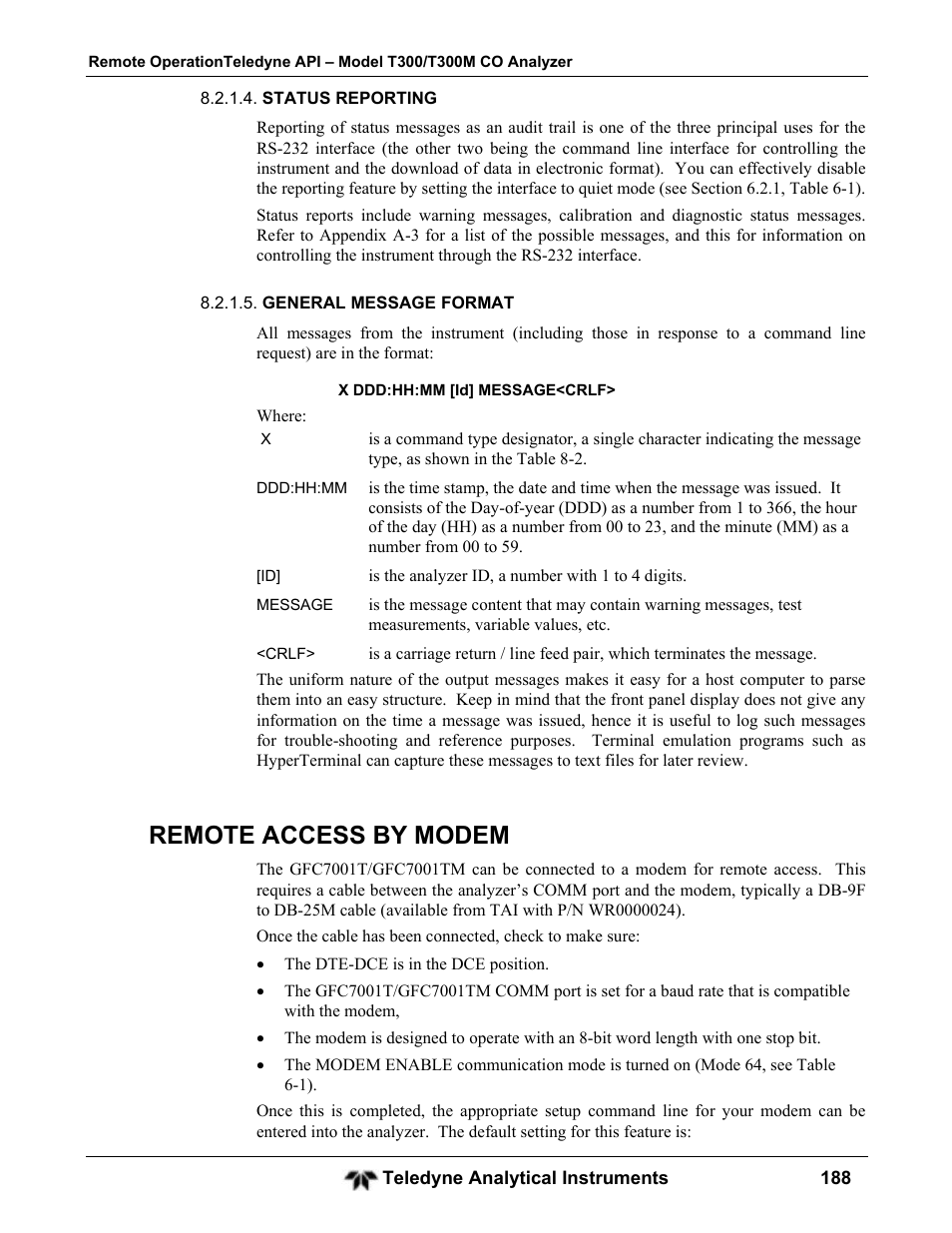 Remote access by modem | Teledyne GFC-7001T - Trace CO Analyzer User Manual | Page 188 / 326