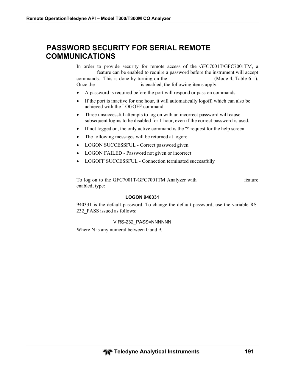 Password security for serial remote communications | Teledyne GFC-7001T - Trace CO Analyzer User Manual | Page 191 / 326