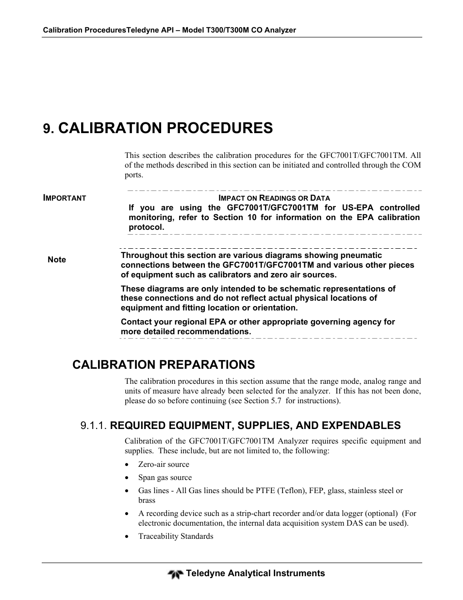 Calibration procedures, Calibration preparations | Teledyne GFC-7001T - Trace CO Analyzer User Manual | Page 193 / 326