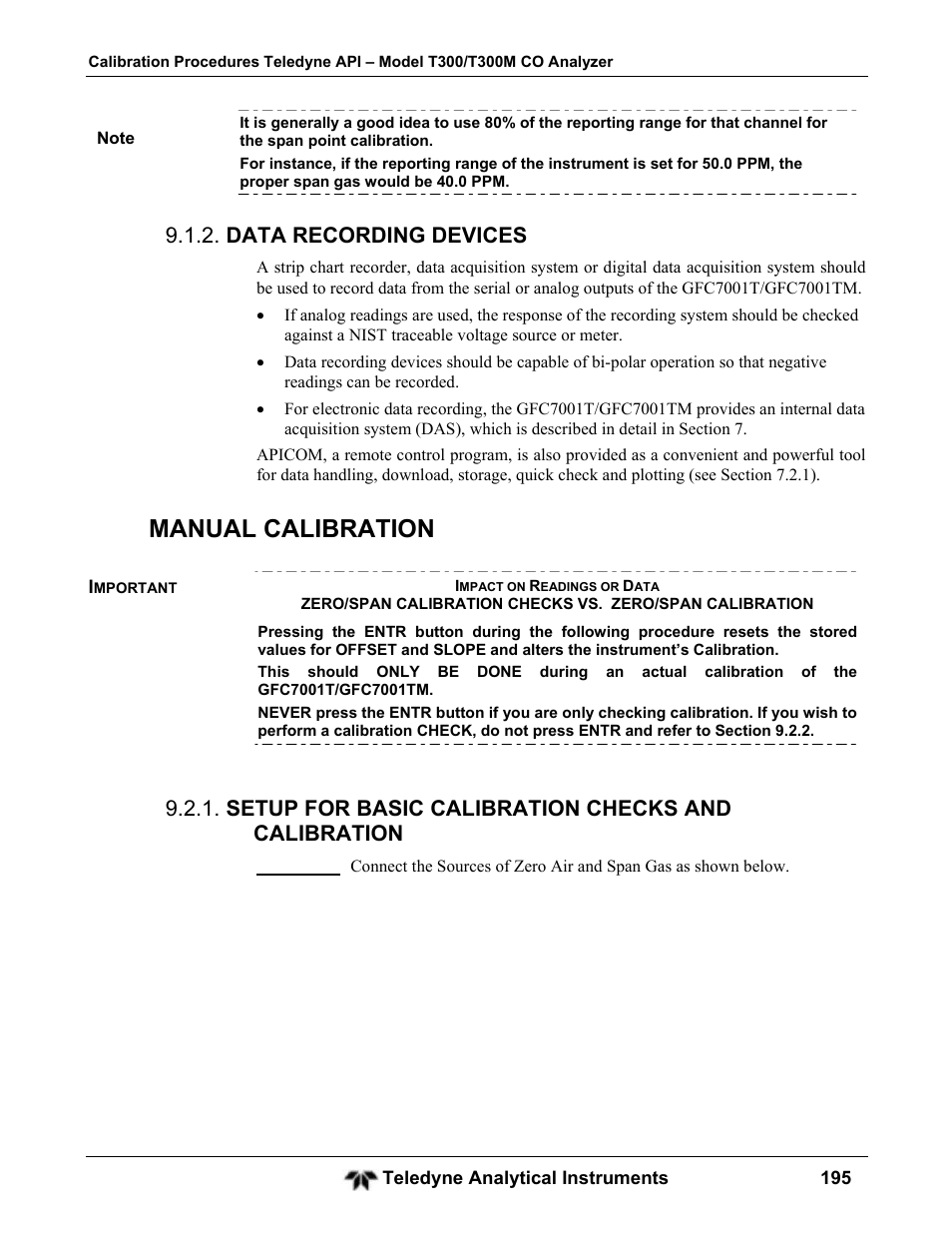 Manual calibration, Data recording devices, Setup for basic calibration checks and calibration | Teledyne GFC-7001T - Trace CO Analyzer User Manual | Page 195 / 326