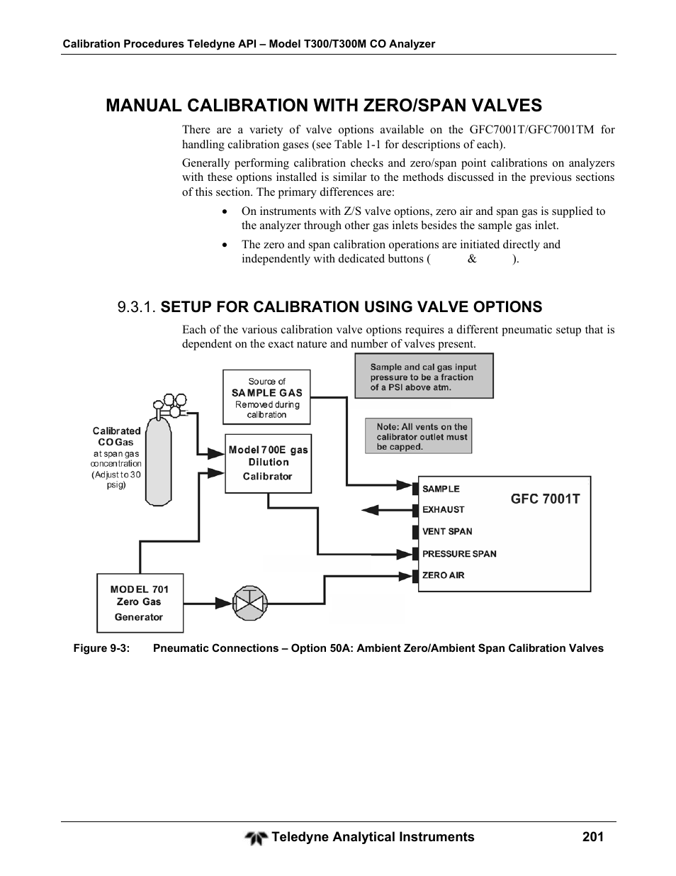 Manual calibration with zero/span valves, Setup for calibration using valve options | Teledyne GFC-7001T - Trace CO Analyzer User Manual | Page 201 / 326