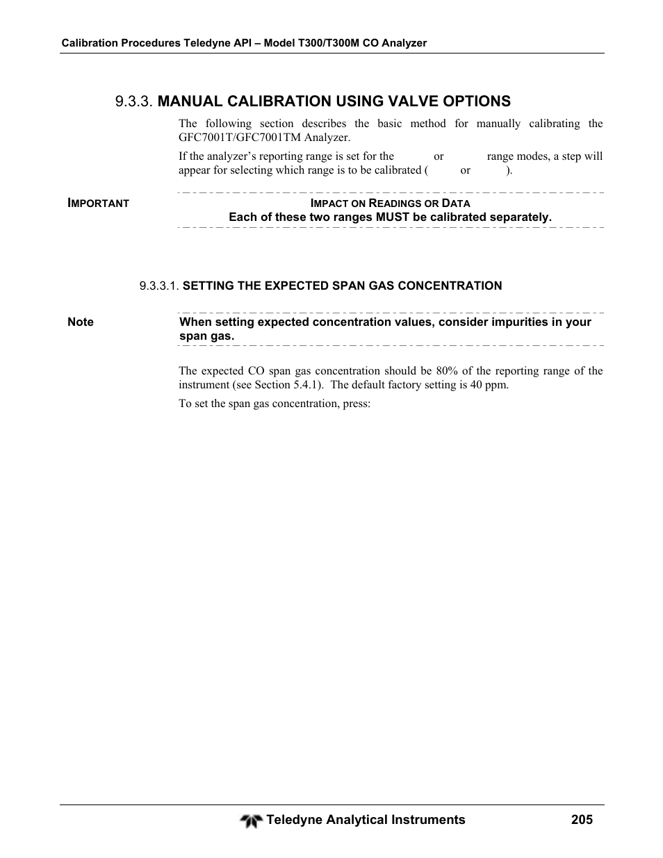 Manual calibration using valve options | Teledyne GFC-7001T - Trace CO Analyzer User Manual | Page 205 / 326