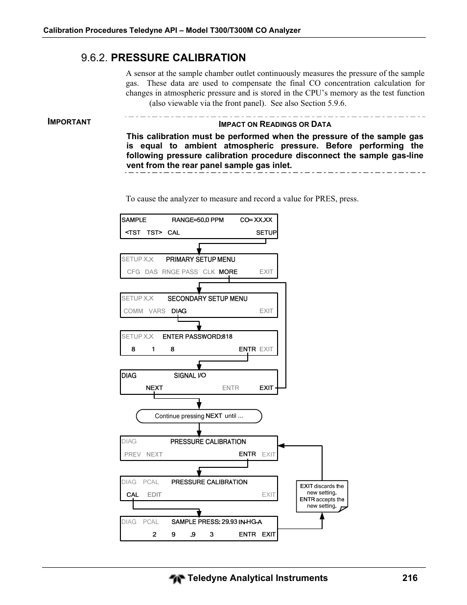 Pressure calibration | Teledyne GFC-7001T - Trace CO Analyzer User Manual | Page 216 / 326