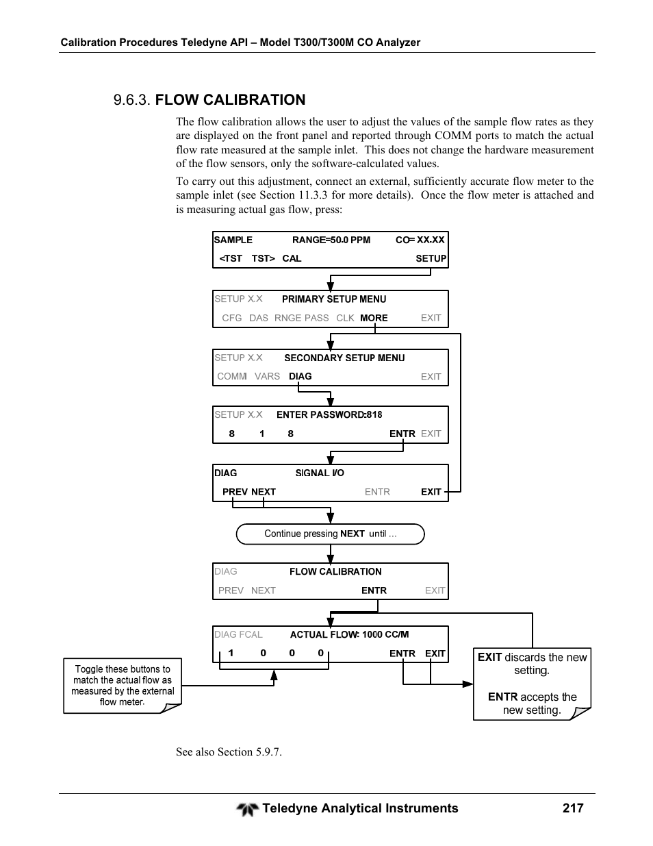 Flow calibration | Teledyne GFC-7001T - Trace CO Analyzer User Manual | Page 217 / 326