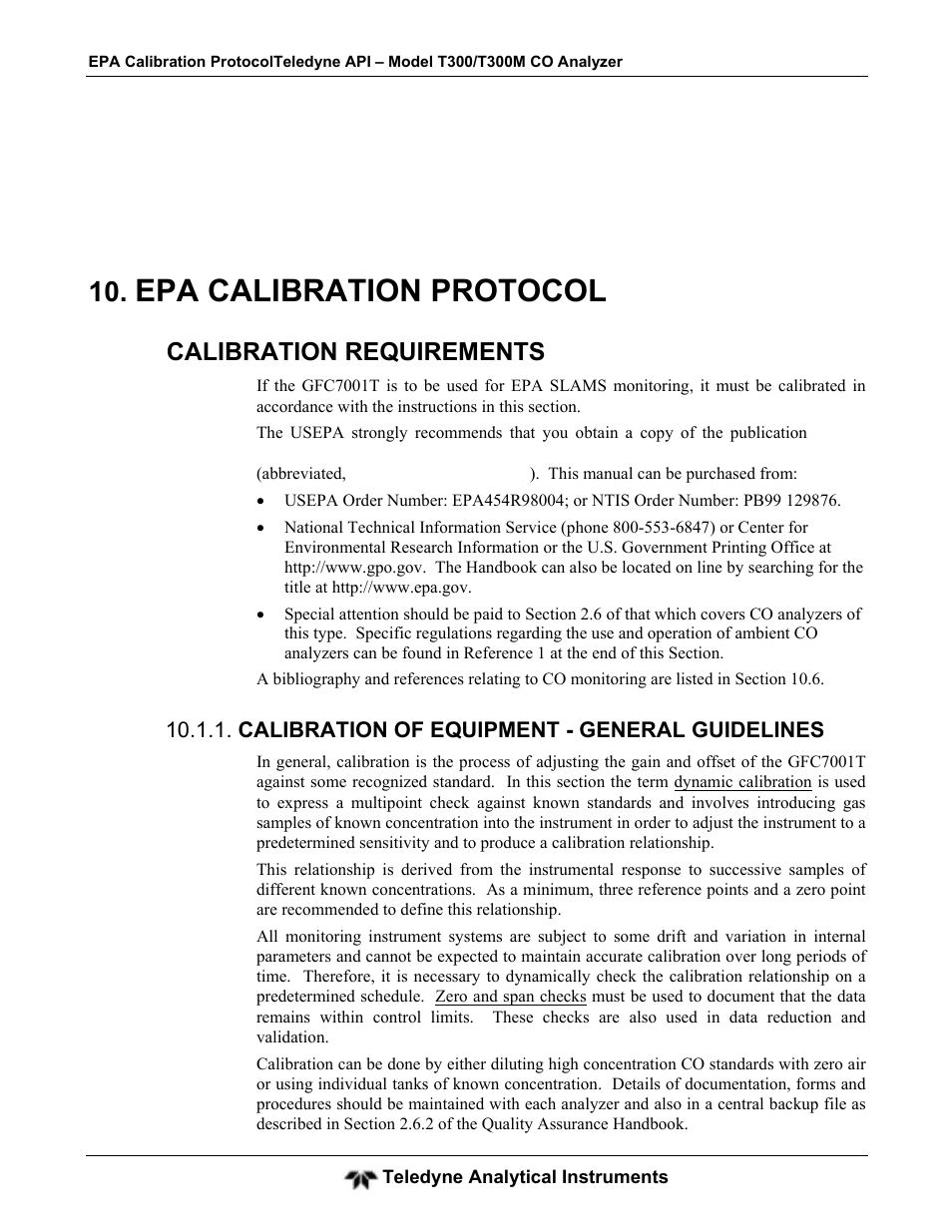 Epa calibration protocol, Calibration requirements | Teledyne GFC-7001T - Trace CO Analyzer User Manual | Page 226 / 326