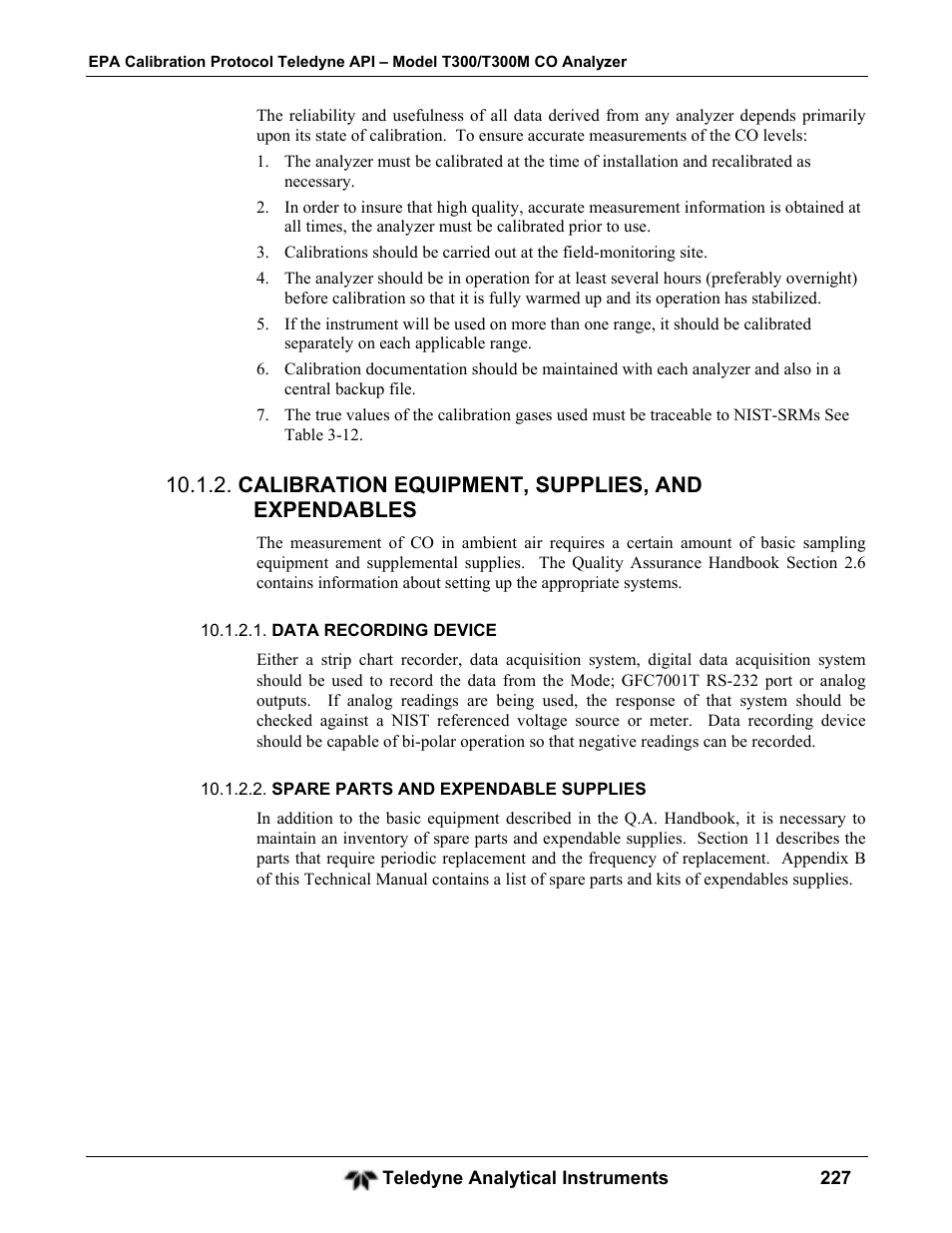 Calibration equipment, supplies, and expendables | Teledyne GFC-7001T - Trace CO Analyzer User Manual | Page 227 / 326