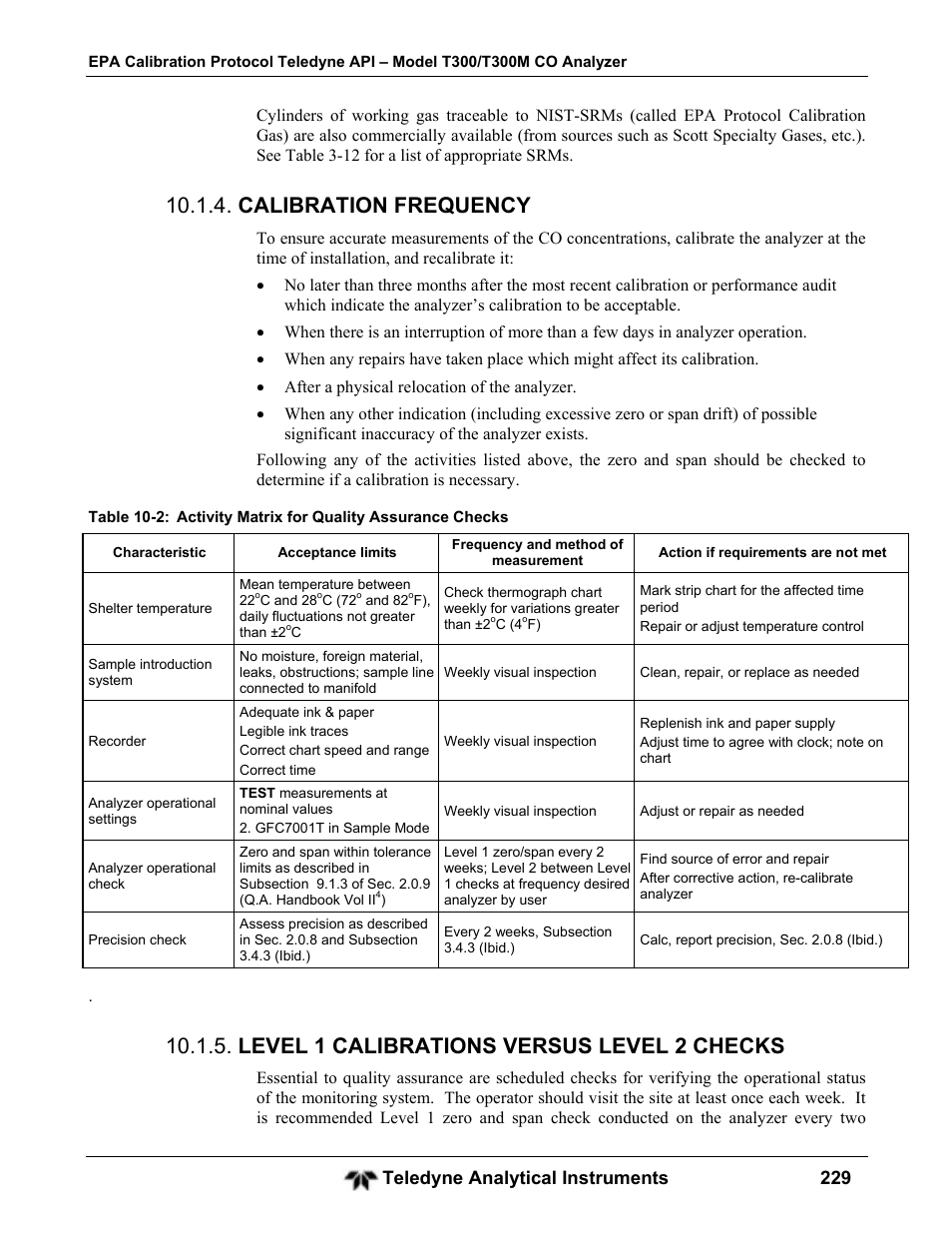 Calibration frequency, Level 1 calibrations versus level 2 checks, Teledyne analytical instruments 229 | Teledyne GFC-7001T - Trace CO Analyzer User Manual | Page 229 / 326
