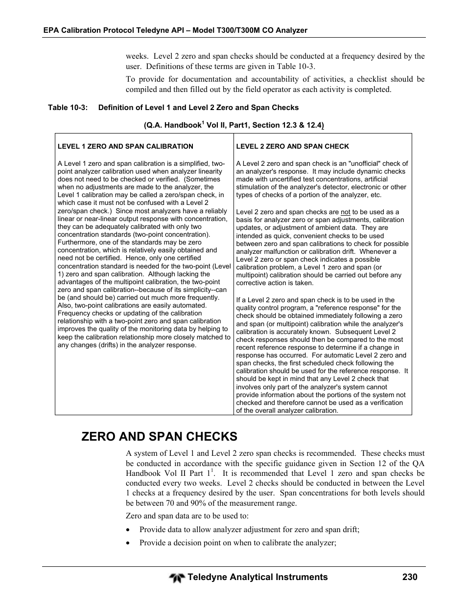 Zero and span checks | Teledyne GFC-7001T - Trace CO Analyzer User Manual | Page 230 / 326