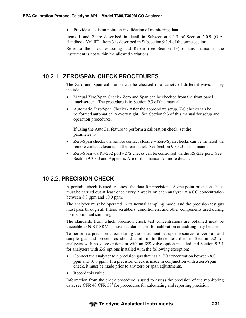 Zero/span check procedures, Precision check | Teledyne GFC-7001T - Trace CO Analyzer User Manual | Page 231 / 326