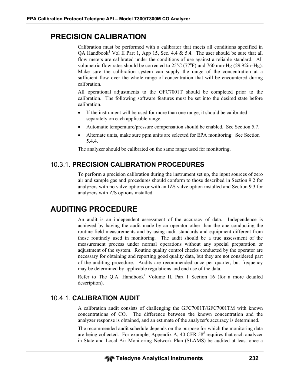 Precision calibration, Auditing procedure, Precision calibration procedures | Calibration audit | Teledyne GFC-7001T - Trace CO Analyzer User Manual | Page 232 / 326