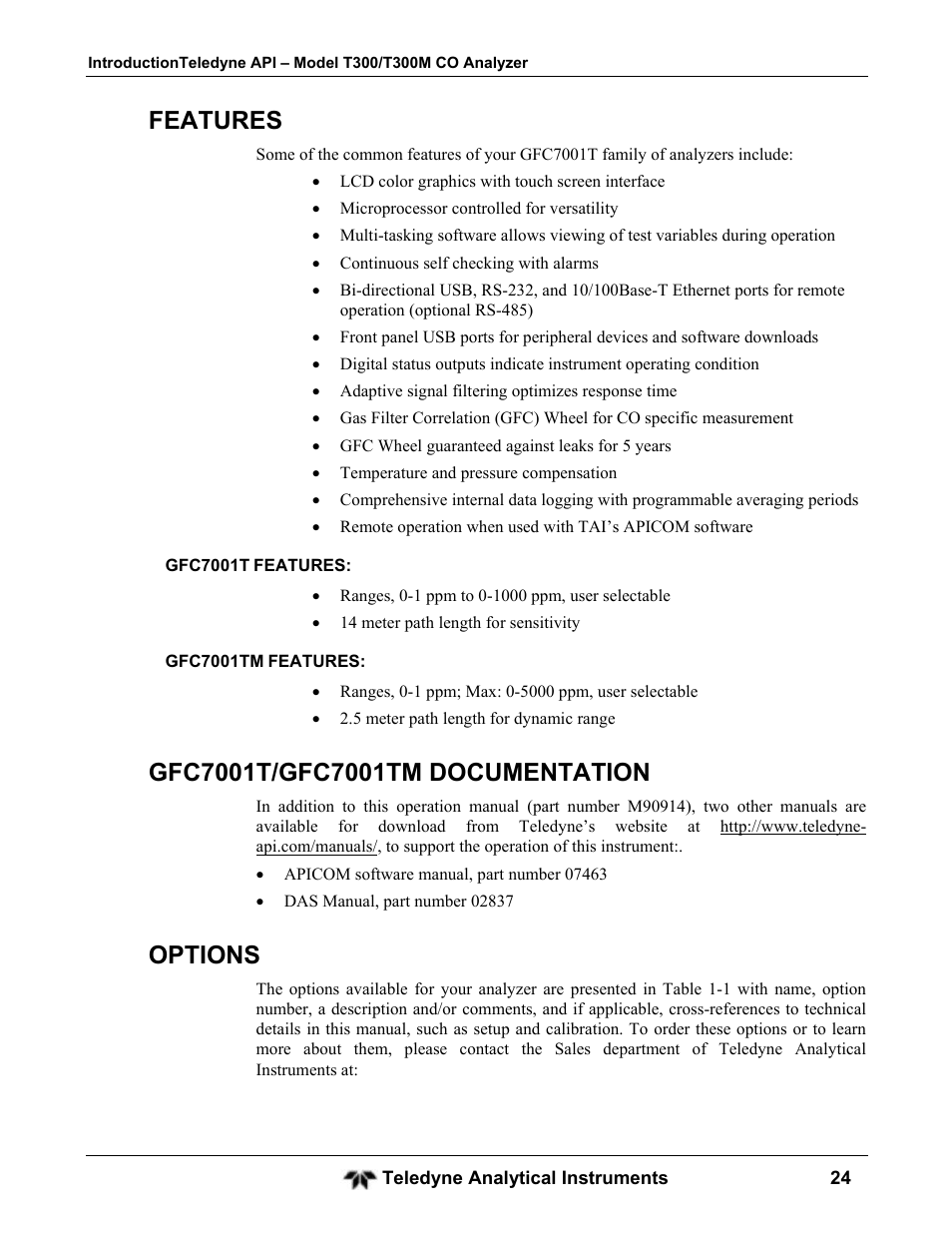 Features, Options | Teledyne GFC-7001T - Trace CO Analyzer User Manual | Page 24 / 326