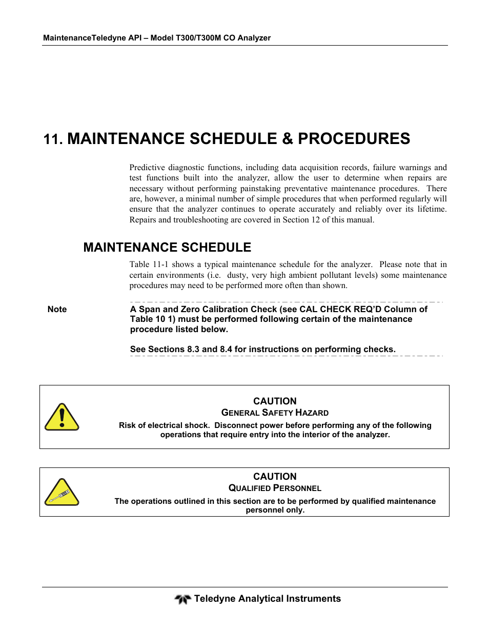 Maintenance schedule & procedures, Maintenance schedule | Teledyne GFC-7001T - Trace CO Analyzer User Manual | Page 241 / 326