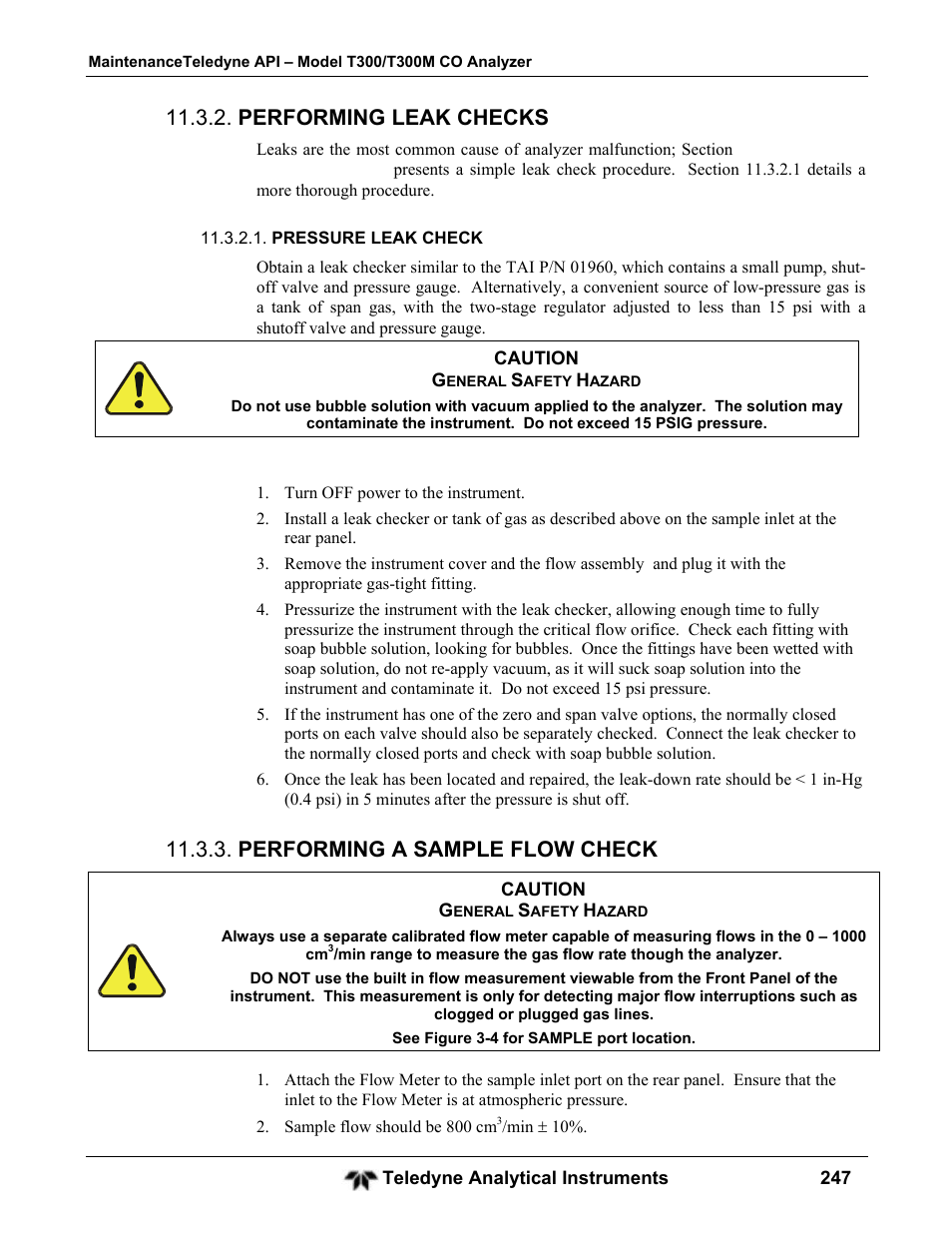 Performing leak checks, Performing a sample flow check | Teledyne GFC-7001T - Trace CO Analyzer User Manual | Page 247 / 326