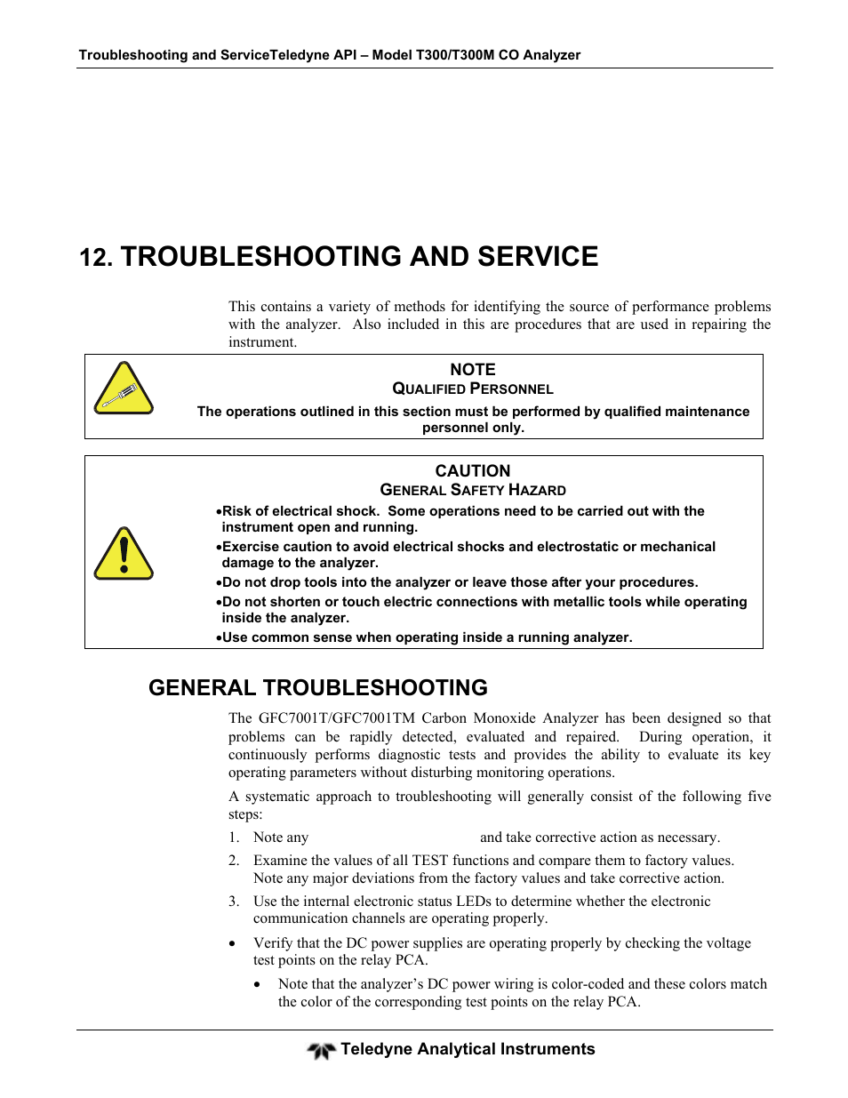 Troubleshooting and service, General troubleshooting | Teledyne GFC-7001T - Trace CO Analyzer User Manual | Page 249 / 326