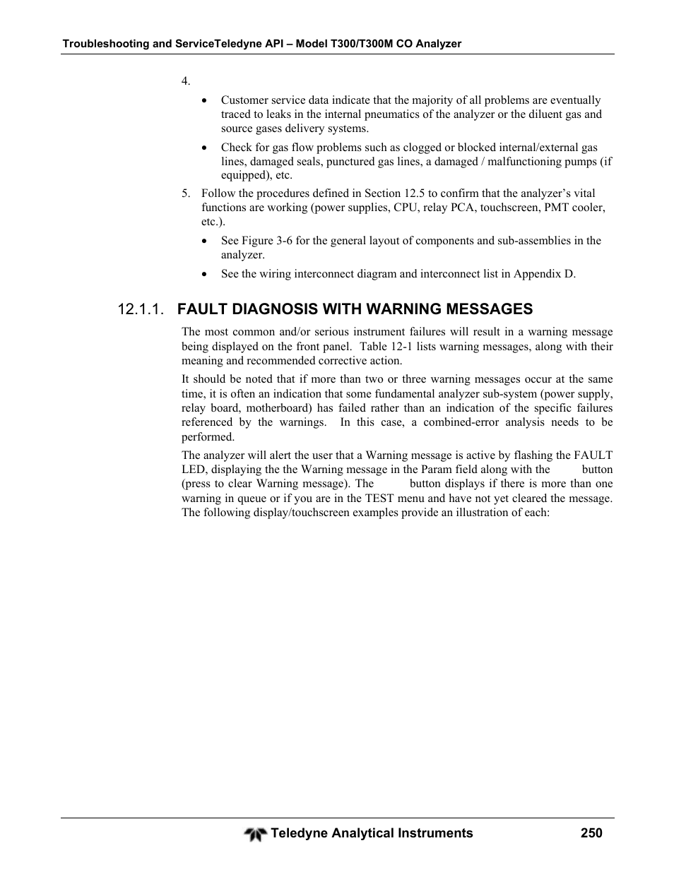 Fault diagnosis with warning messages | Teledyne GFC-7001T - Trace CO Analyzer User Manual | Page 250 / 326