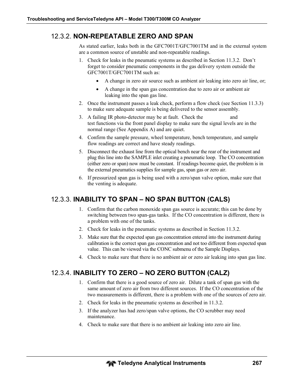 Non-repeatable zero and span, Inability to span – no span button (cals), Inability to zero – no zero button (calz) | Teledyne GFC-7001T - Trace CO Analyzer User Manual | Page 267 / 326