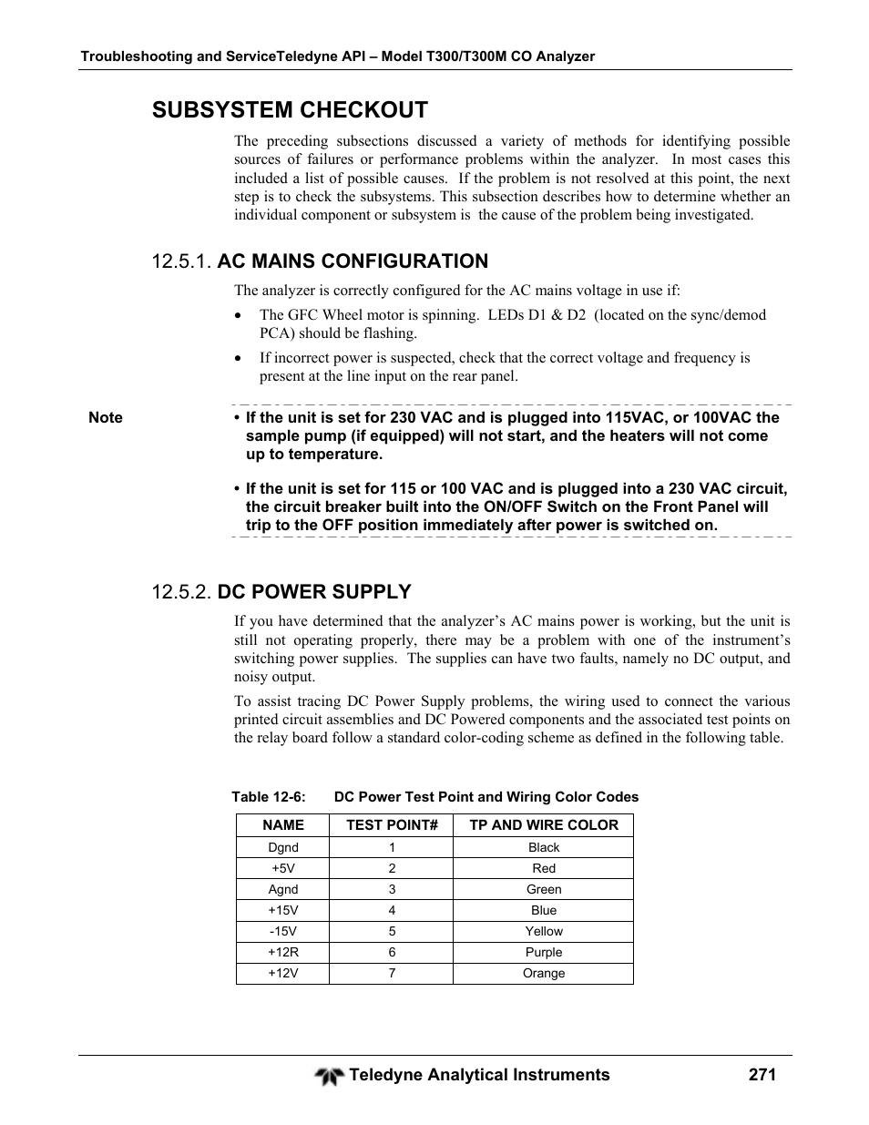 Subsystem checkout, Ac mains configuration, Dc power supply | Teledyne GFC-7001T - Trace CO Analyzer User Manual | Page 271 / 326