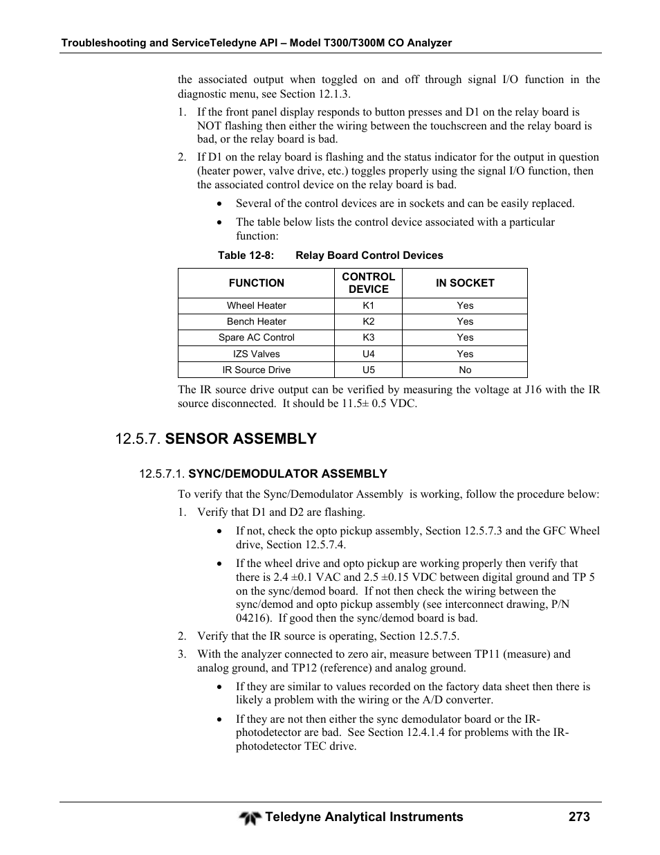 Sensor assembly | Teledyne GFC-7001T - Trace CO Analyzer User Manual | Page 273 / 326