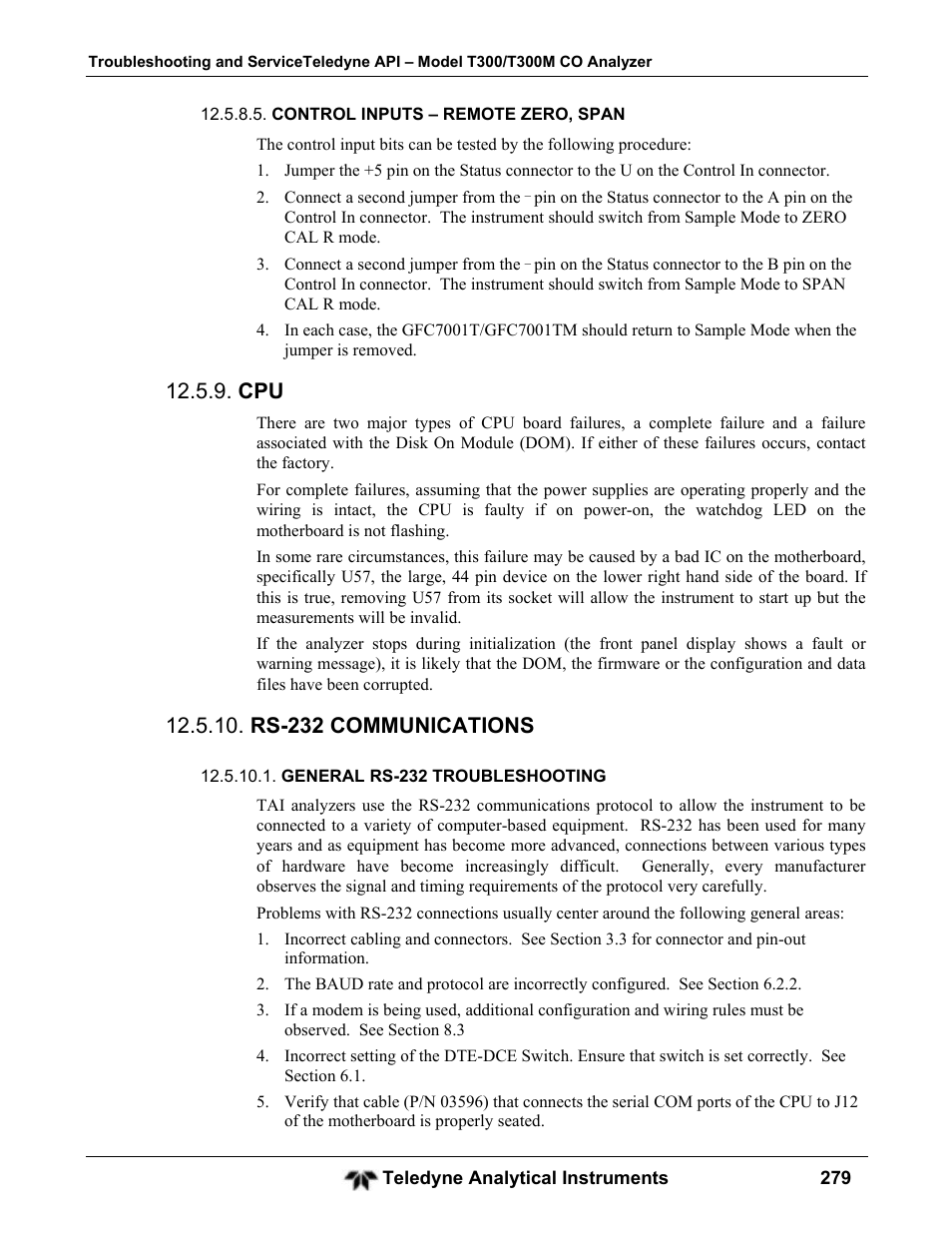 Rs-232 communications | Teledyne GFC-7001T - Trace CO Analyzer User Manual | Page 279 / 326
