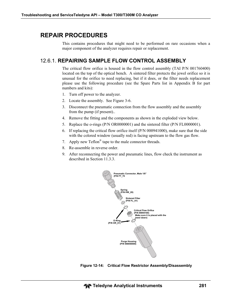 Repair procedures, Repairing sample flow control assembly, Teledyne analytical instruments 281 | Teledyne GFC-7001T - Trace CO Analyzer User Manual | Page 281 / 326