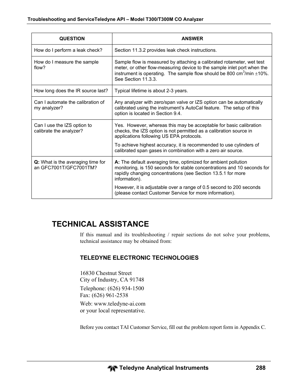Technical assistance | Teledyne GFC-7001T - Trace CO Analyzer User Manual | Page 288 / 326