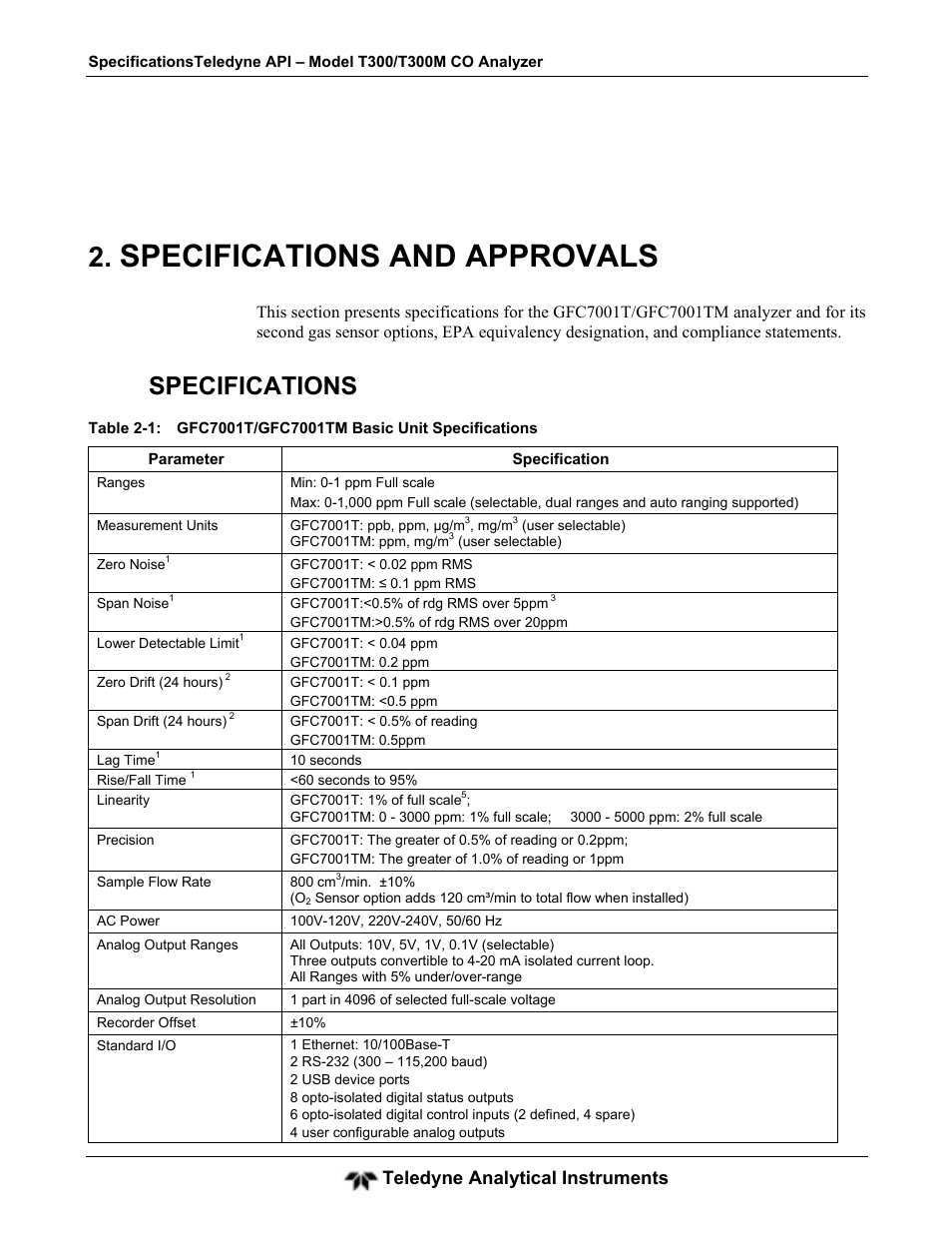 Specifications and approvals, Specifications, Teledyne analytical instruments | Teledyne GFC-7001T - Trace CO Analyzer User Manual | Page 29 / 326