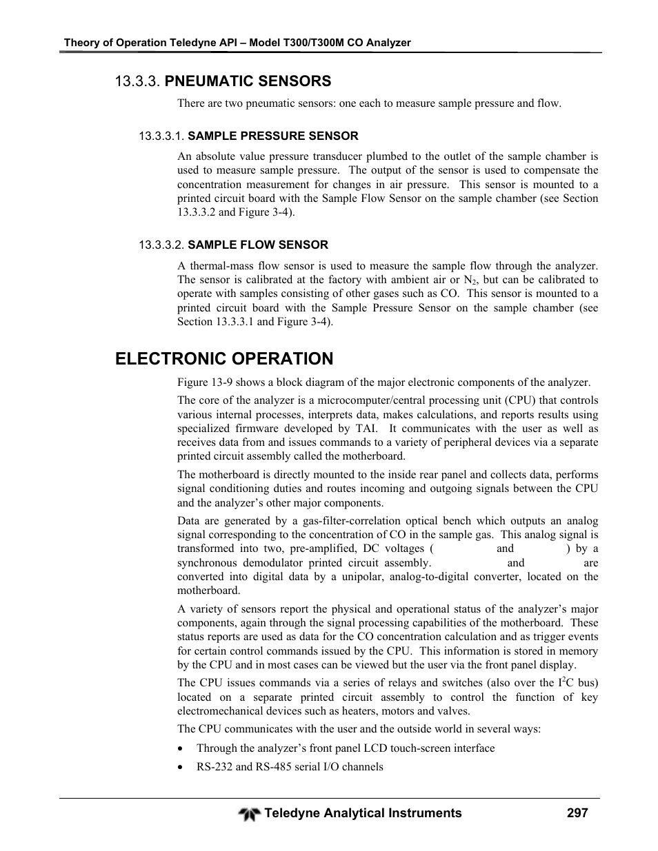 Electronic operation, Pneumatic sensors | Teledyne GFC-7001T - Trace CO Analyzer User Manual | Page 297 / 326