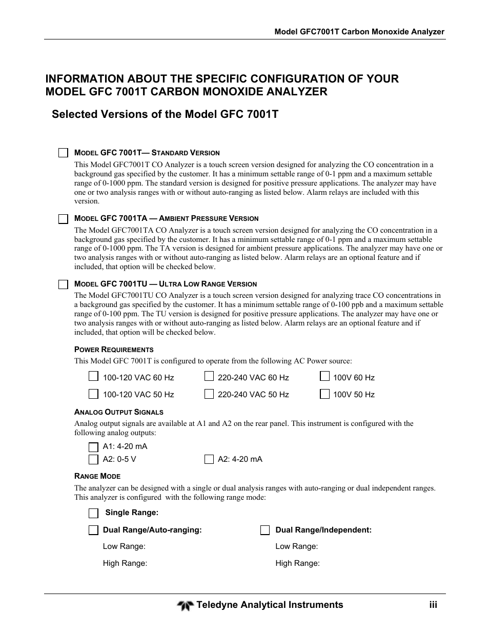 Teledyne analytical instruments iii | Teledyne GFC-7001T - Trace CO Analyzer User Manual | Page 3 / 326