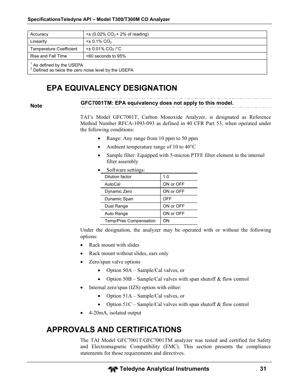 Epa equivalency designation, Approvals and certifications | Teledyne GFC-7001T - Trace CO Analyzer User Manual | Page 31 / 326