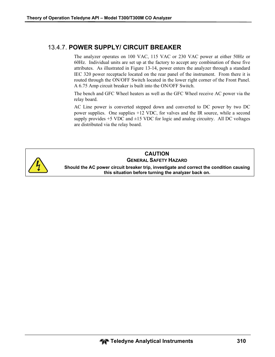 Power supply/ circuit breaker | Teledyne GFC-7001T - Trace CO Analyzer User Manual | Page 310 / 326
