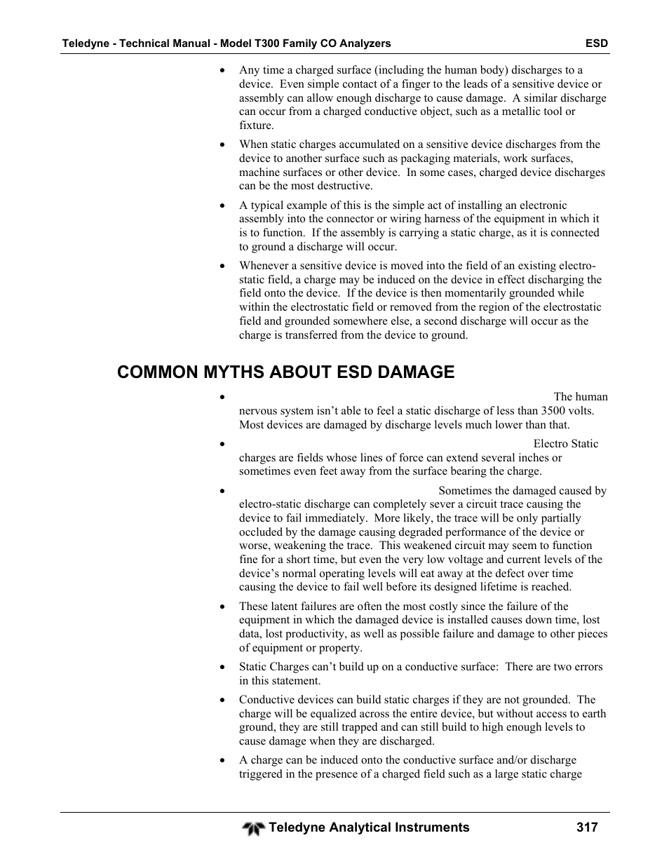 Common myths about esd damage | Teledyne GFC-7001T - Trace CO Analyzer User Manual | Page 317 / 326