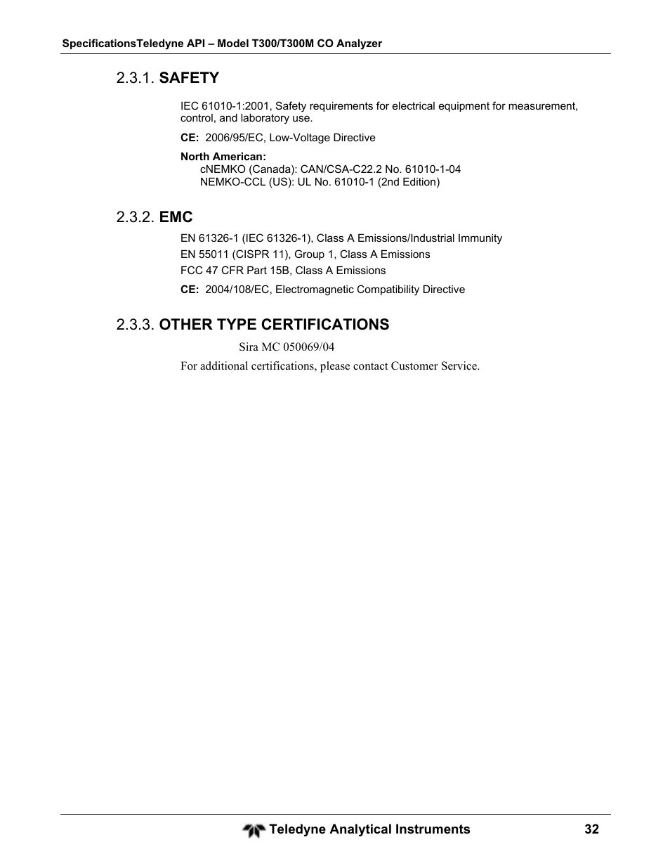 Safety, Other type certifications | Teledyne GFC-7001T - Trace CO Analyzer User Manual | Page 32 / 326