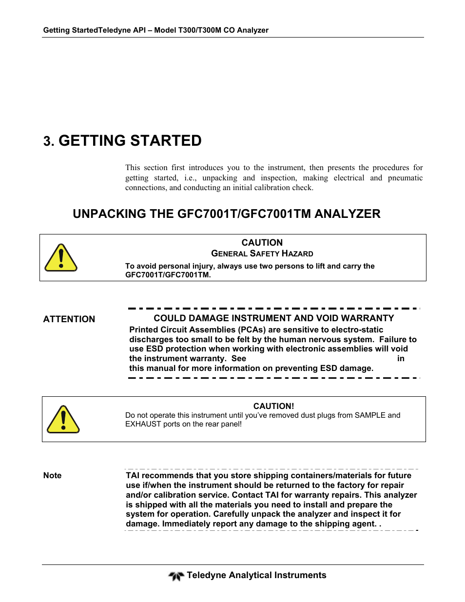 Getting started | Teledyne GFC-7001T - Trace CO Analyzer User Manual | Page 33 / 326
