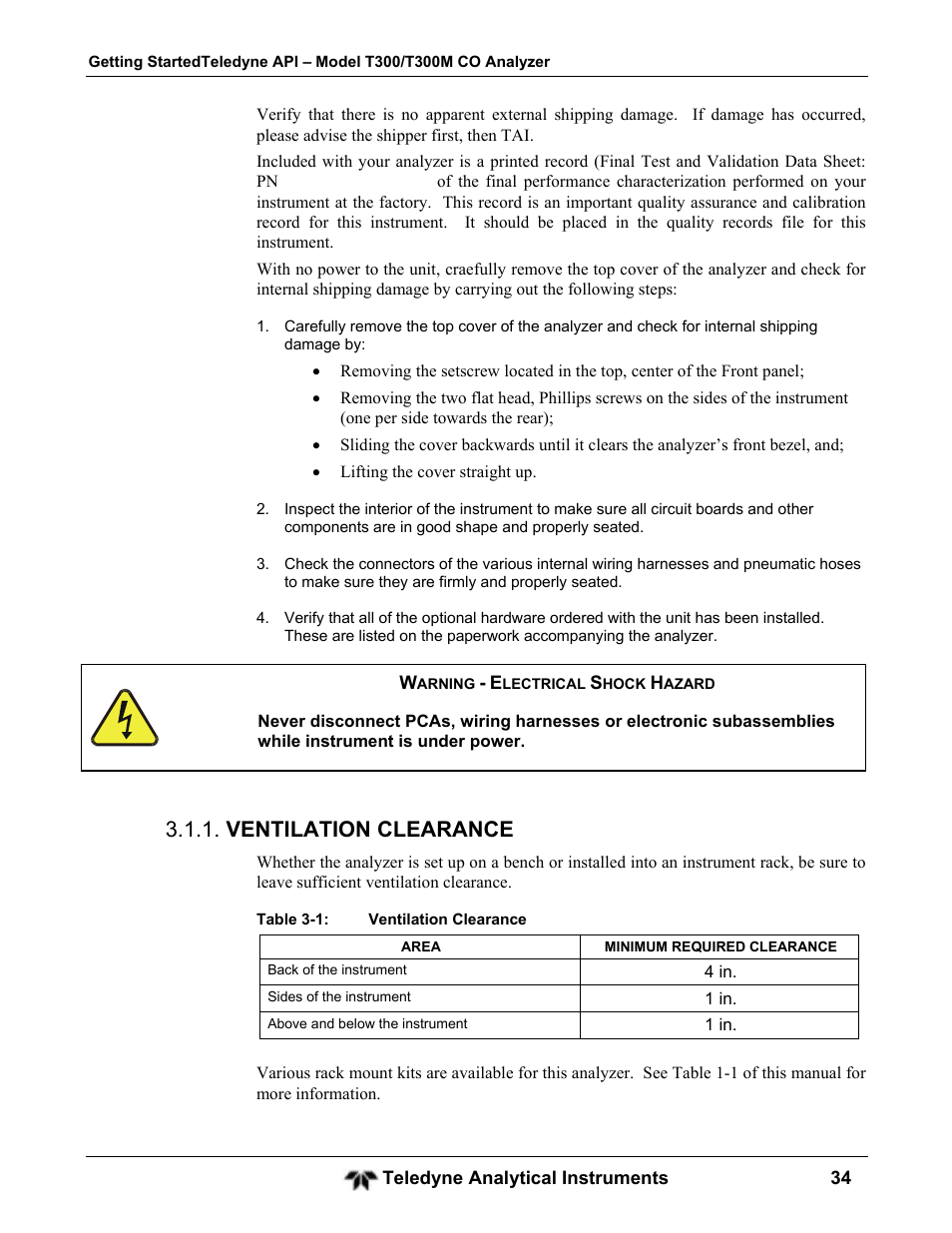 Ventilation clearance | Teledyne GFC-7001T - Trace CO Analyzer User Manual | Page 34 / 326