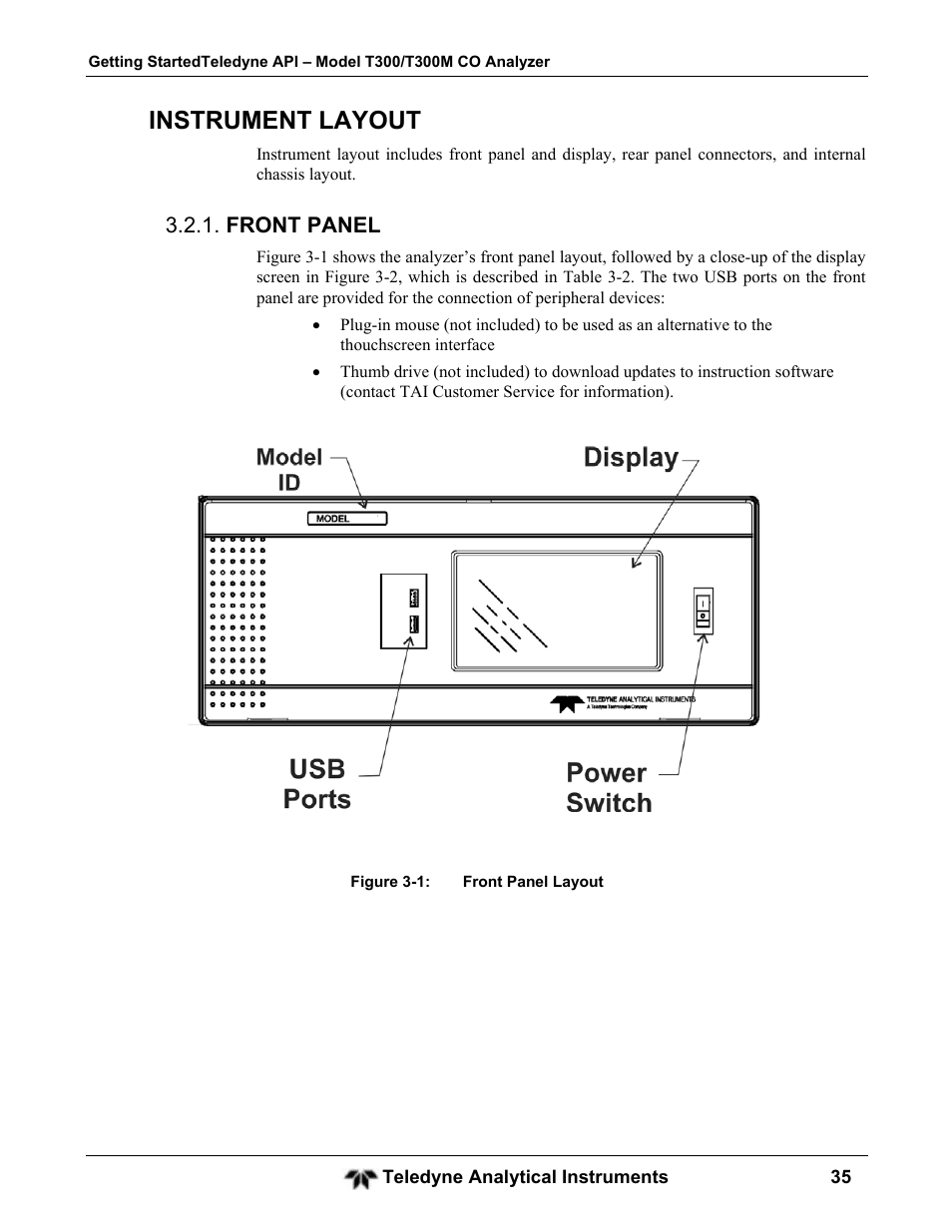 Instrument layout, Front panel | Teledyne GFC-7001T - Trace CO Analyzer User Manual | Page 35 / 326