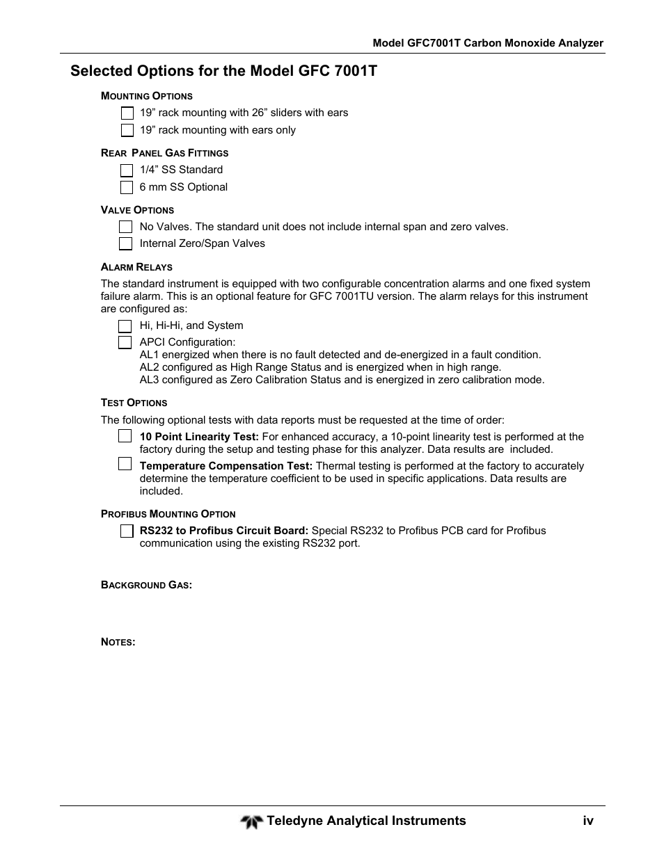 Selected options for the model gfc 7001t, Teledyne analytical instruments iv | Teledyne GFC-7001T - Trace CO Analyzer User Manual | Page 4 / 326