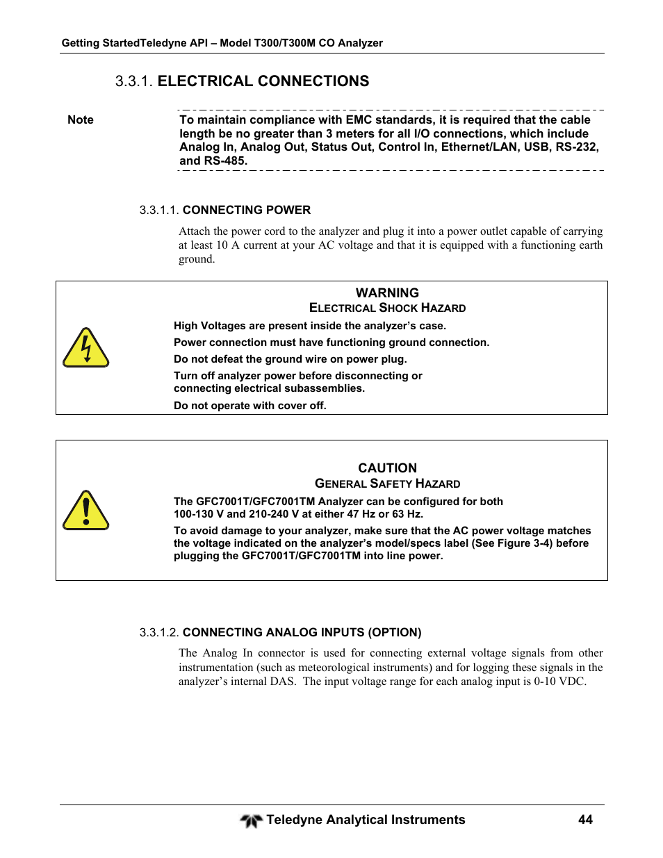 Electrical connections | Teledyne GFC-7001T - Trace CO Analyzer User Manual | Page 44 / 326